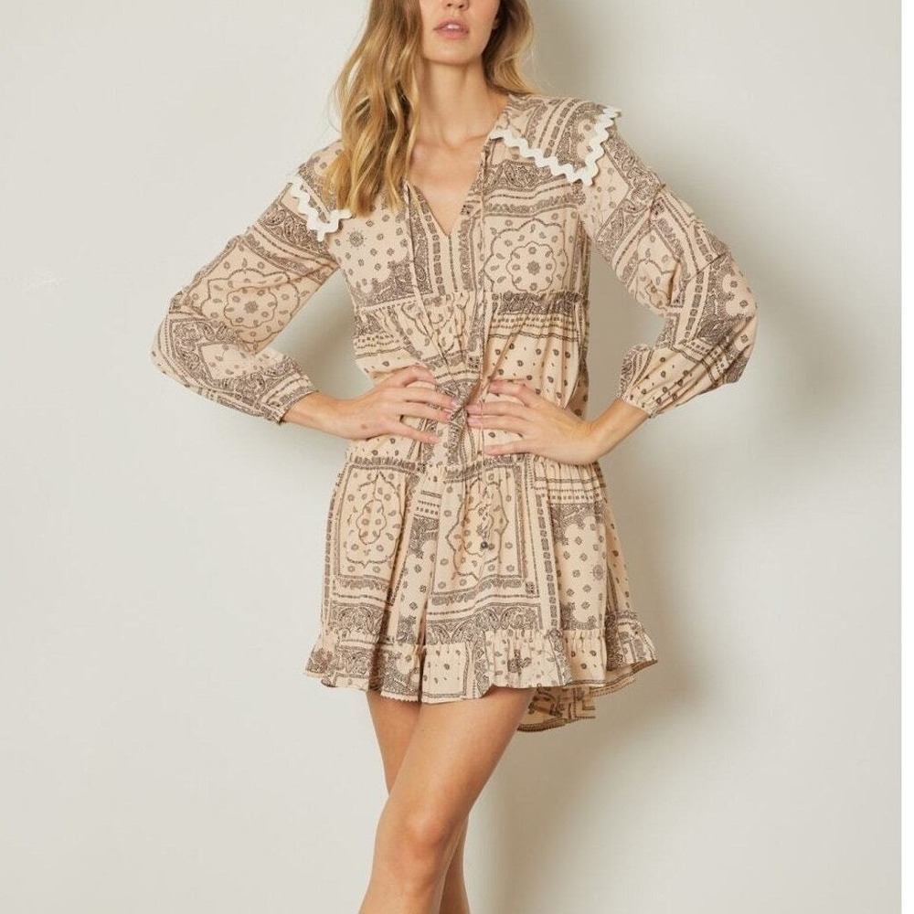 Entro Womens Medium Beige Paisley Puritan Ruffle Collar‎ Long Sleeve Mini Dress